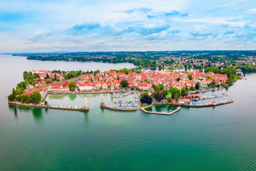Lindau aerial panoramic view, it is a major town and island on the Lake Constance or Bodensee in Bavaria, Germany