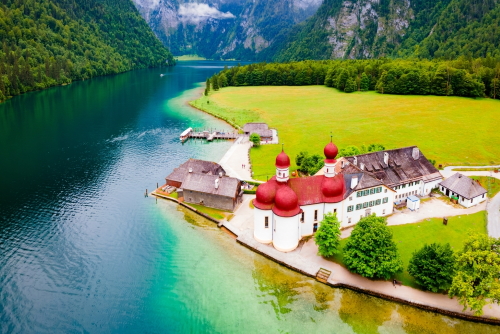 St. Bartholomew or St. Bartholomae aerial panoramic view, a roman catholic church at the Konigssee Lake in Bavaria, Germany