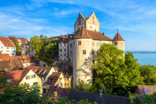 Meersburg Castle at Lake Constance (Bodensee), a landmark of Meersburg. Scenic view of German medieval castle in Summer, Baden-Wurttemberg, Germany