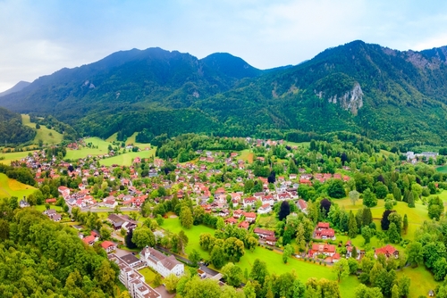 Kochel am See town aerial panoramic view at the Kochelsee or Lake Kochel in Bavaria, Germany