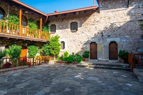View of a courtyard at the Great Meteoron Holy Monastery of the Transfiguration of the Saviour in Meteora, Kalampaka, Trikala, Thessaly, Greece