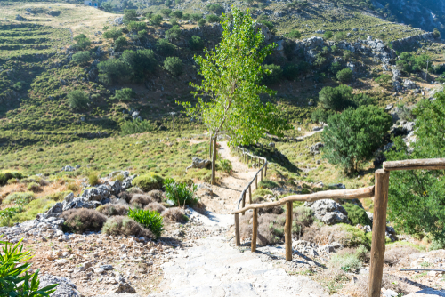 View of the hiking trail path at the Imbros Gorge near Chania, Island of Crete, Greece