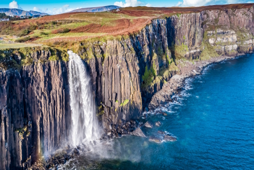 Aerial view of the dramatic coastline at the cliffs by Staffin with the famous Kilt Rock and the Mealt waterfall, Isle of Skye, Scotland, United Kingdom