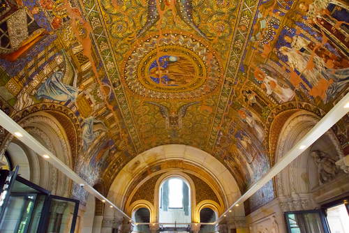 Interior view of the mosaic ceiling inside Kaiser Wilhelm Memorial (Gedachtniskirche) in Berlin, Germany