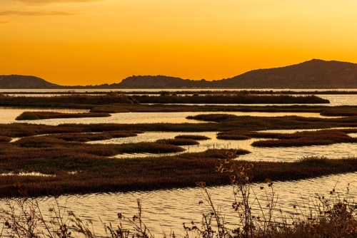 Sunset at the gialova lagoon. The gialova lagoon is one of the most important wetlands in Europe, located in Messinia, The Peloponnese, Greece