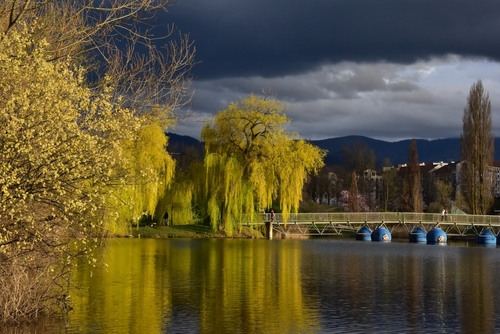 Dramatic clouds over the Seepark in Freiburg im Breisgau, Baden-Wuerttemberg state, The Black Forest, Germany
