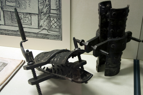 Leg screws or spanish boots displayed at the Medieval Crime Museum (Mittelalterliches Kriminalmuseum) in Rothenburg ob der Tauber, Germany