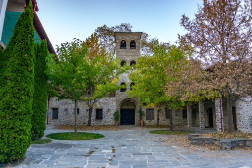 Scenic view from the Saint Dionysios Orthodox Monastery on Olympus mountain, Litochoro, Thessaly, Greece