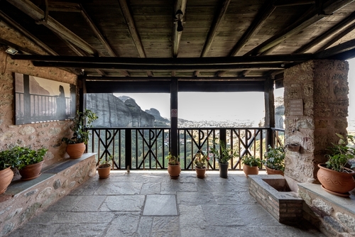 Internal view of the Monastery of Agios Nikolaos Anapafsas built on the steep rocks of Meteora, Kalampaka, Trikala, Thessaly, Greece