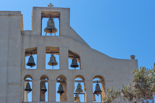 Bell tower of Monastery of Prophet Elias, Santorini Island, Cyclades Islands, Greece
