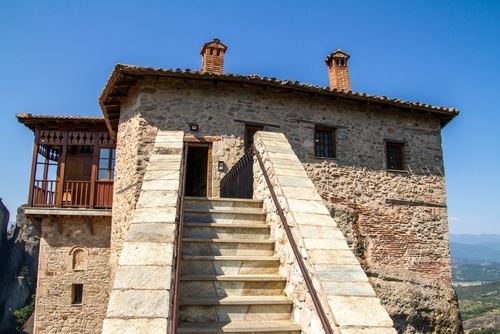 The Holy Monastery of Roussanou, located in Meteora Greece was established in the 14th century, Meteora, Kalampaka, Trikala, Thessaly, Greece