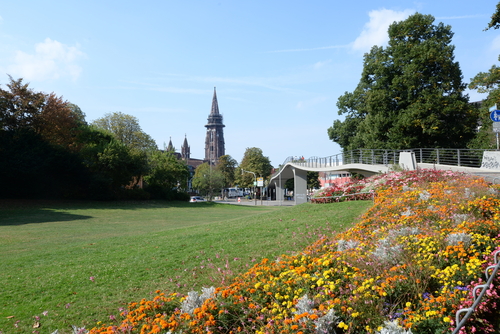Beautiful colorful flowerbeds at the Municipal Park (Stadtgarten), a favorite place of rest for citizens and tourists in Freiburg im Breisgau city, Baden-Wuerttemberg state, The Black Forest, Germany