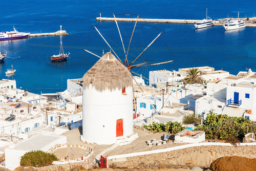 Boni or Bonis Windmill at the Folklore Agricultural Museum in Mykonos Town, Island of Mykonos, Cyclades Islands, Greece
