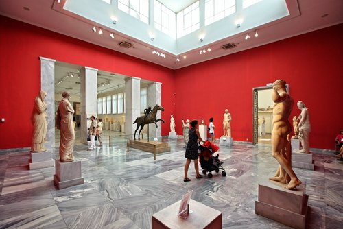 One of the halls dedicated to ancient Greek sculptures in the National Archaeological Museum of Athens, Attica, Greece