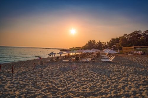 The famous Romanos Beach and its facilities located near Romanos coastal village and close to the famous Luxury Resort Costa Navarino, Messenia, The Peloponnese, Greece