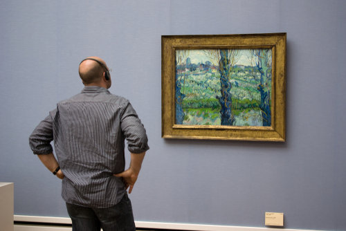 Man admiring a picture by Vincent van Gogh at the Neue Pinakothek, museum of European Art of the 18th and 19th in Munich, Bavaria, Germany