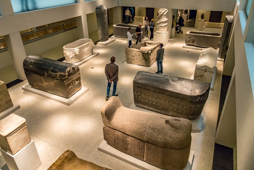 View of several sarcophagi at the Neues Museum on the Museum Island, Berlin, Germany