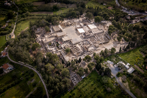 A bird's-eye view of the Knossos palace, the cradle of the Minoan civilization, on the island of Crete, Greece