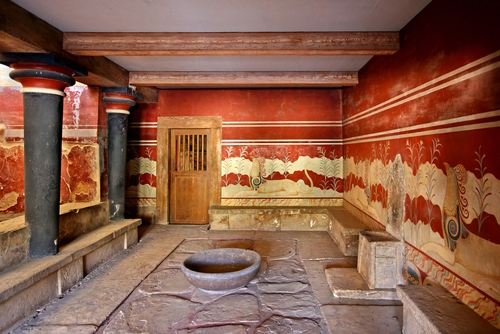 Beautiful view of the hall of the throne in the Minoan Palace of Knossos, Heraklion, Crete Island, Greece