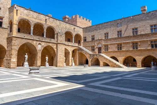 View of the courtyard at the Palace of the Grand Masters in Rhodes town, on the Island of Rhodes, Greece