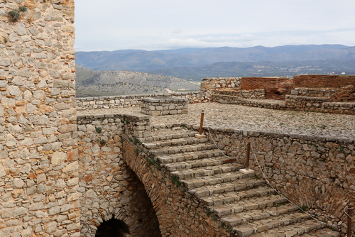 View of the Palamidi fortress that was built in 1711-1714 in Nafplio city. Nafplio is situated on the Argolic Gulf in the northeastern Peloponnese, Greece