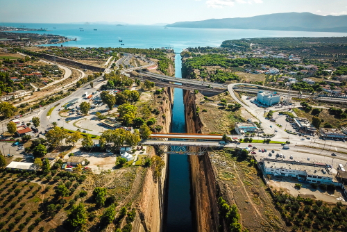Aerial view of the beautiful Corinth Canal, the Peloponnese, Greece