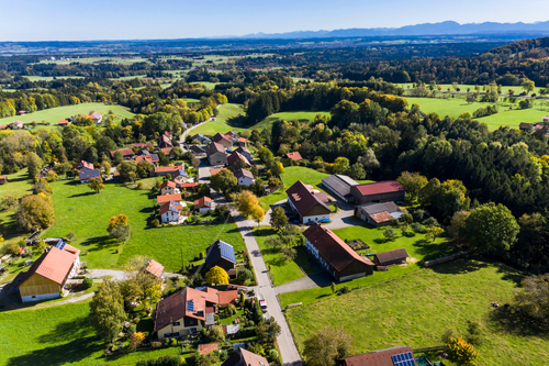Aerial view of farms near Wessobrunn Monastery, Pfaffenwinkel, Upper Bavaria, Bavaria, Germany