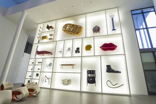 A set of monumental shelving of The Design Museum of The Pinakothek der Moderne (Gallery of the Modern), Munich, Bavaria, Germany