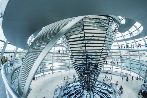 View of Reichstag dome in Berlin, Germany. The Reichstag dome is a glass dome constructed on top of the rebuilt Reichstag