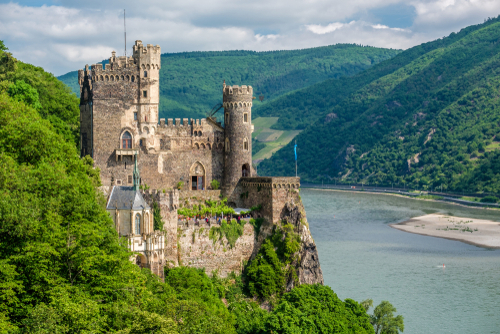 Rheinstein Castle view in the Rhine Valley (Rhine Gorge) in Germany. Built in 1316 and rebuilt in 1825-1844