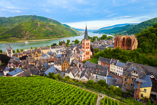 Bacharach aerial panoramic view. Bacharach is a small town in Rhine valley in Rhineland-Palatinate, Germany