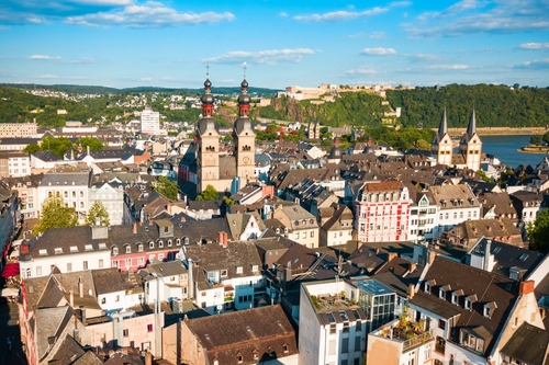 Koblenz old town aerial panoramic view. Koblenz is a city on the Rhine where it is joined by Moselle river, Germany