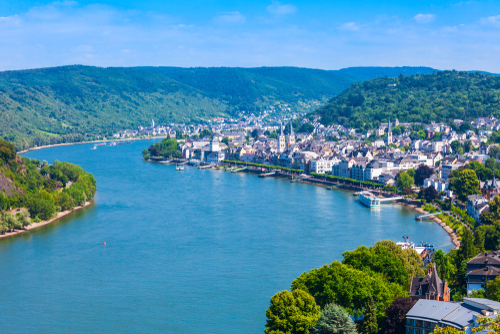 Boppard town aerial panoramic view from Gedeonseck viewpoint. Boppard is a town in the Rhine valley in Germany