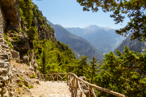 Beautiful view of the hiking trail at the National Park Samaria Gorge, near Chania, Island of Crete, Greece
