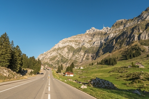 Road to Schwaegalp, mountain landscape with Saentis, Canton of Appenzell Ausserrhoden, Switzerland
