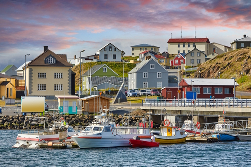 Beautiful panoramic view of the Stykkisholmskirkja Harbor with Fishing ships (boats) at Stykkisholmur town in Snaefellsnes Peninsula, western Iceland