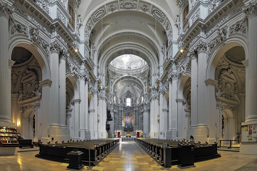 Interior of Theatinerkirche (Theatine Church of St. Cajetan). The church was designed in Italian high-Baroque style by architect Agostino Barelli and built in 1663-1690 in Munich, Bavaria, Germany