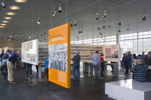 Visitors in the exhibition of the historical Museum, Topography of Terror, Berlin, Germany