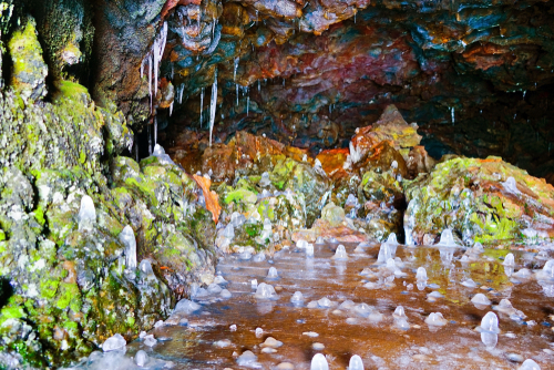 View of the Vatnshellir Cave on Snaefellsnes Peninsula in western Iceland in winter. This is a lava cave formed by volcanic eruption about 8000 years ago