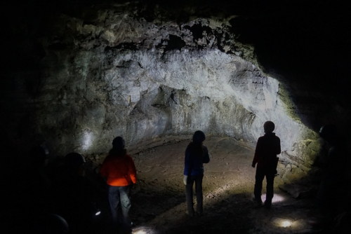 View of the Vatnshellir Cave on Snaefellsnes Peninsula in western Iceland in winter. This is a lava cave formed by volcanic eruption about 8000 years ago