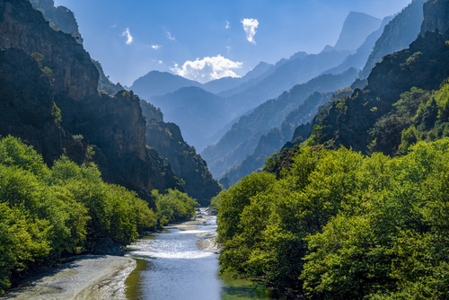 Unique natural landscape from the Vikos–Aoös National Park. The towering mountain peaks of Pindus mountain, the spectacular Vikos Gorge carved by the Aoös river compose the geopark, Zagori, Epirus, Greece