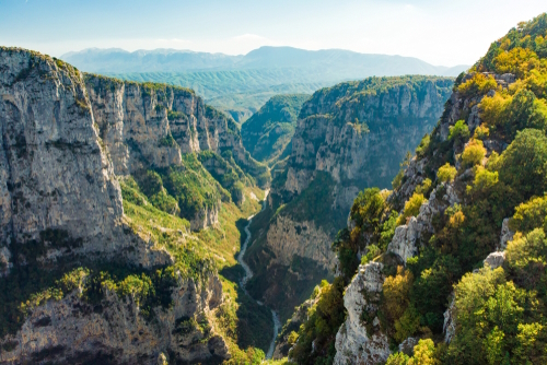 Aerial view of Vikos Gorge, a gorge in the Pindus Mountains of northern Greece, lying on the southern slopes of Mount Tymfi, one of the deepest gorges in the world, Zagori, Epirus, Greece