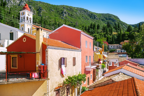 Colorful houses in the old mountain village of Spartilas in the North-Eastern region of the Island of Corfu, Greece