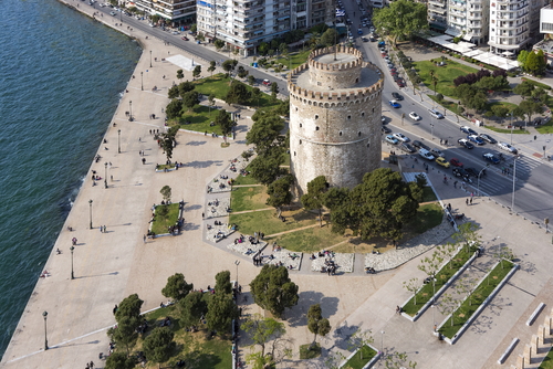 Aerial view of the White Tower square in Thessaloniki, Greece