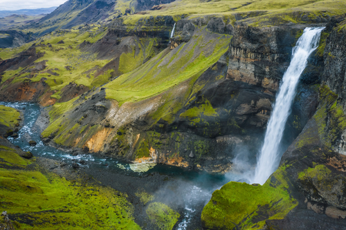 Gorge with Granni waterfall. Waterfall in a narrow gorge in the Thjorsardalur valley, Landmannalaugar Reservation, Iceland