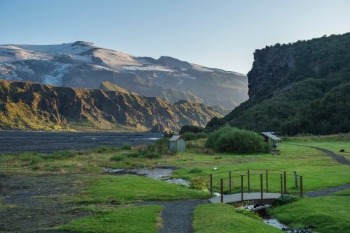 Langidalur camping site in Thorsmork Valley with view on Godaland and Eyjafjallajokull glacier volcano and river Krossa, Landmannalaugar Reservation, Iceland