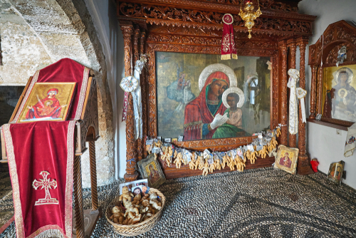Interior view of Panagia Tsambika icon in the Tsambika Monastery on Rhodes island, Greece