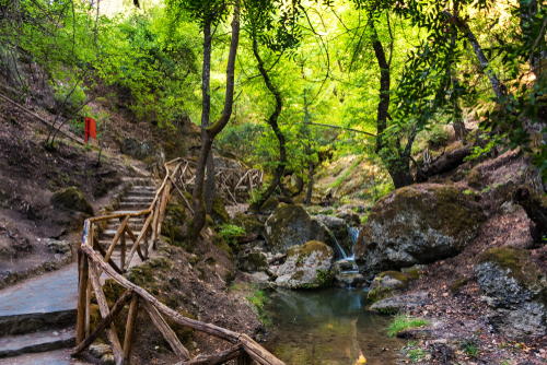 Pathways and beautiful scenery at the Valley of the Butterflies in Petaloudes on the Island of Rhodes, Greece