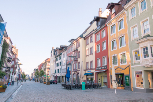 Colorful house and shop in shopping street with a Sunset background in Villingen-Schwenningen, The Black Forest, Baden-Wurttemberg, Germany
