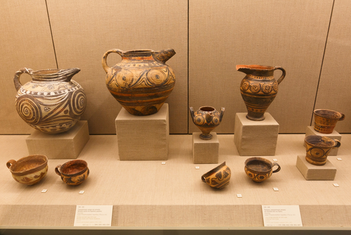 Exhibition of vases at the Museum of Prehistoric Thera in Fira, Santorini Island, Cyclades Islands, Greece